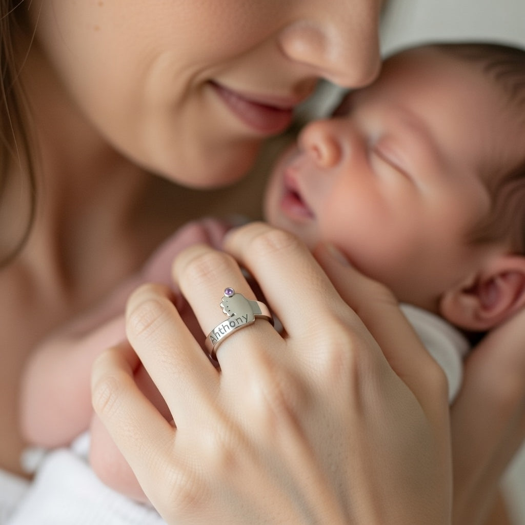 טבעת כף רגל תינוק עם חריטת שם ואבן לידה