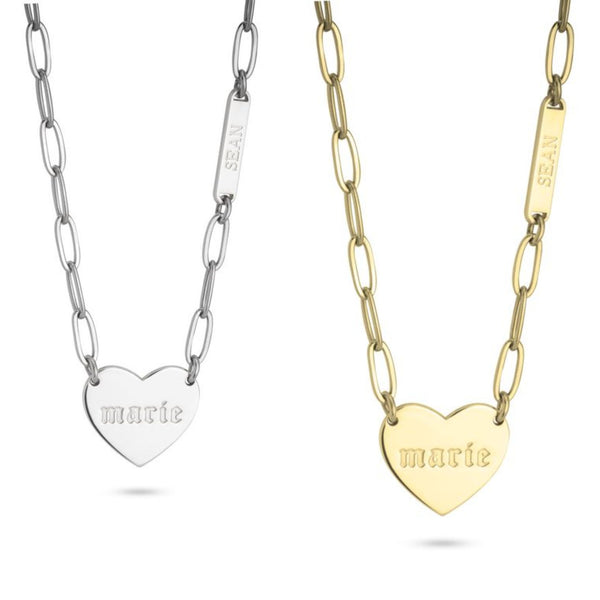 שרשרת פפרקליפ עם תליון לב ובר לחריטה אישית