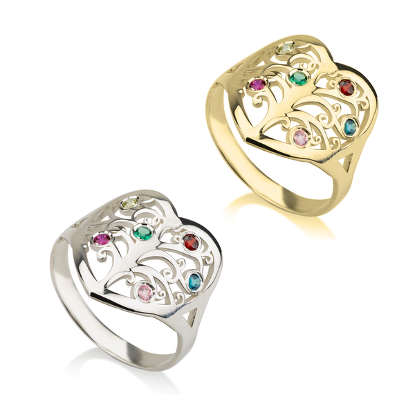 טבעת לב עץ משפחה עם אבני לידה צבעוניות