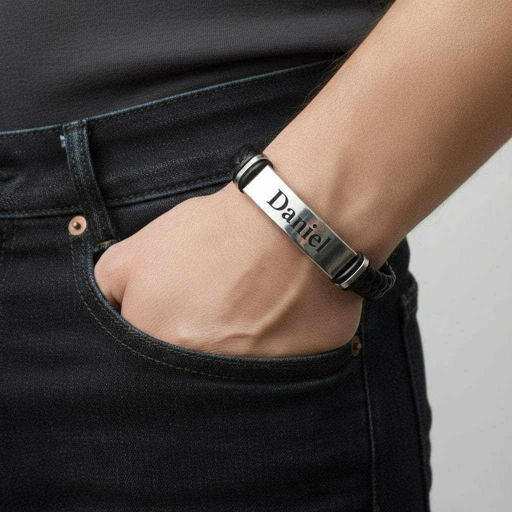 צמיד עור לגבר עם חריטת שם אישית עשוי פלדת אל חלד